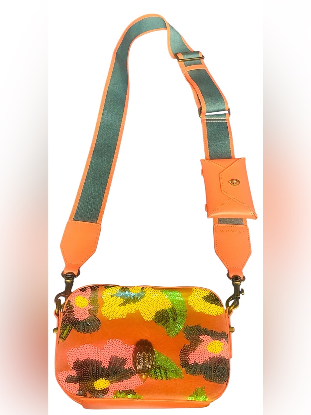 Kurt Geiger Orange Floral Sequin Camera Bag with Guitar Strap coin pocket